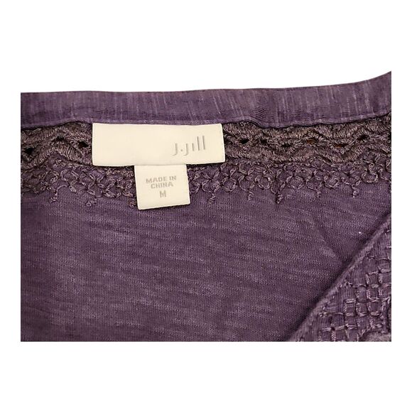 J. Jill Women Medium Purple 3/4 Sleeves Lace Trim V-Neck Top Cotton Modal Casual - Picture 3 of 9